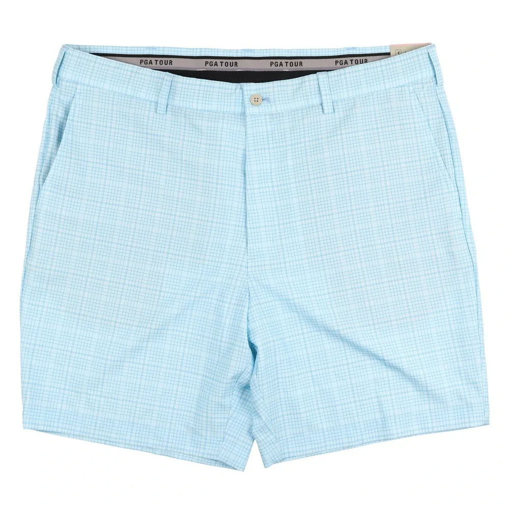 PGA TOUR Men Flat Front Checkered Golf Shorts 34 Cyan Blue PVBSE079DS